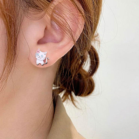 White Cat Wears Flower Stud Earring 925 Sterling Silver_3