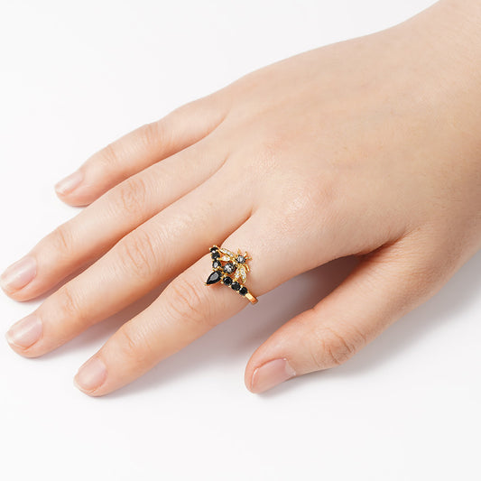 Bee V Ring Sterling Silver 18K Gold Plated inlaid with Black Stones_3
