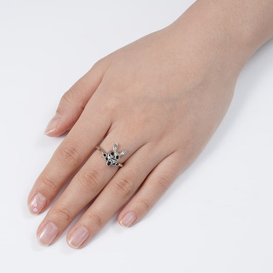 Punk Bunny V Ring Sterling Silver inlaid with Black Stones_3