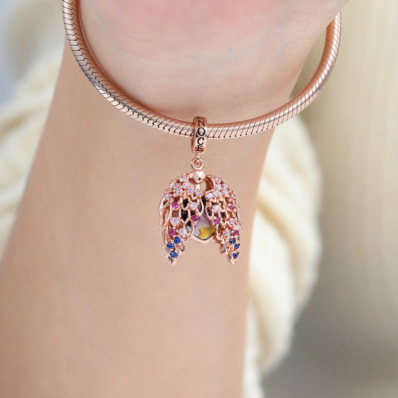 Heart and Wings Personalized Photo Pendant Dangle Charm Sterling Silver 18k Rose Gold Plated with Stones_3
