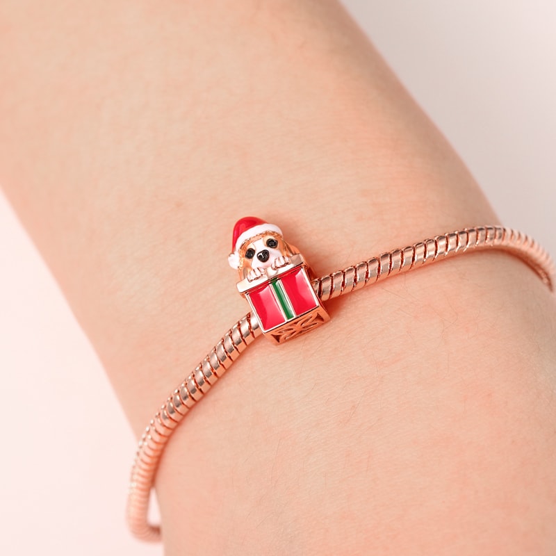 Dog with Gift Box Charm Bead Sterling Silver 18k Rose Gold Plated for Christmas_3