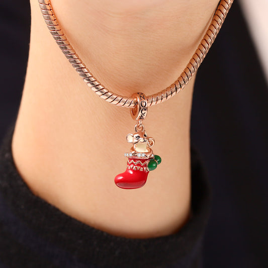 Mouse with Christmas Stocking Pendant Dangle Charm Sterling Silver 18k Rose Gold Plated for Christmas_3