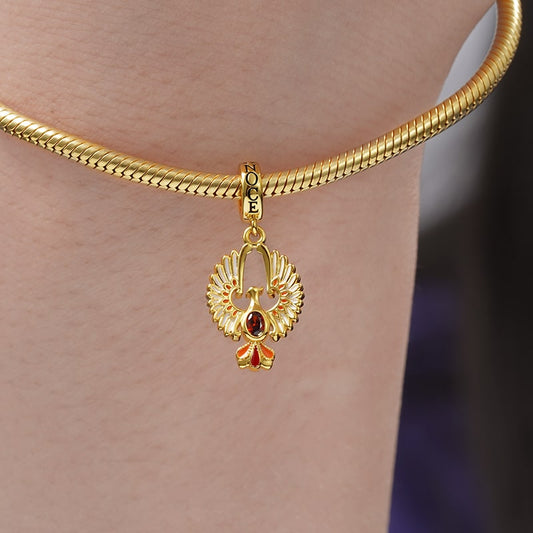 Golden Phoenix Pendant Dangle Charm Sterling Silver 18k Gold Plated inlaid with Oval Cut Ruby_3