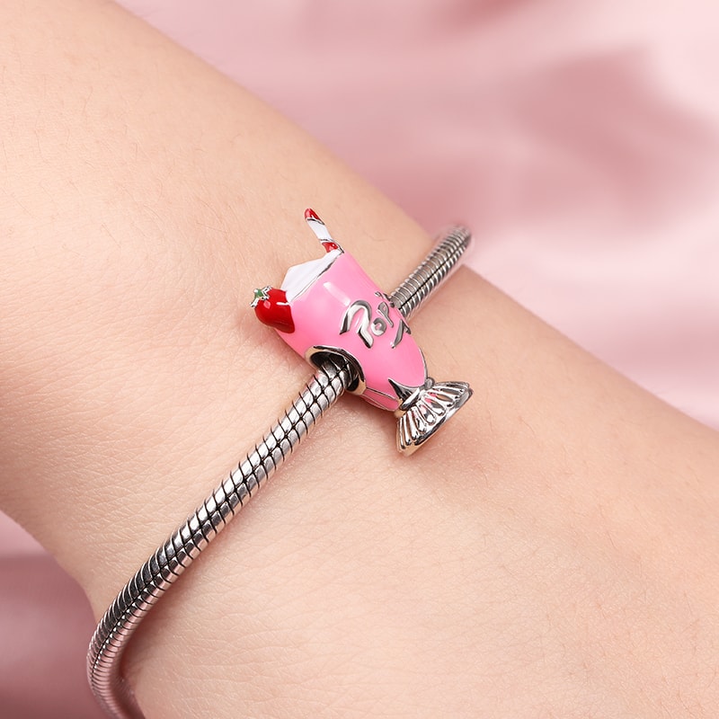 Strawberry Milkshake Charm Sterling Silver Red Enameled Bead fit Bracelet_3