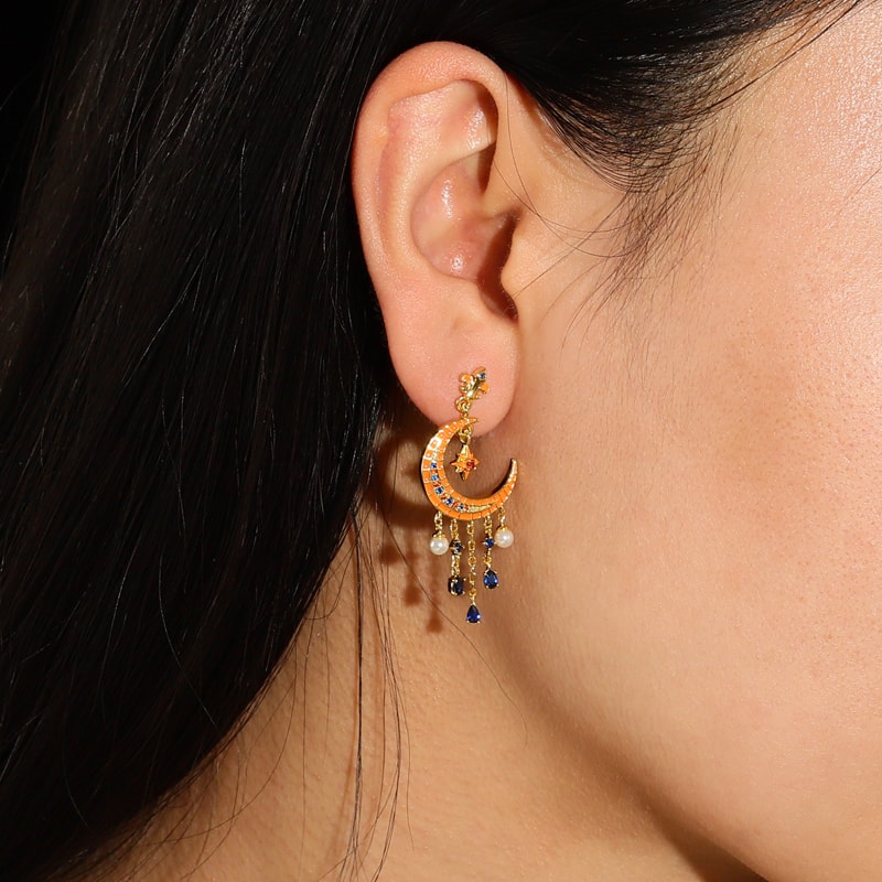 Gnoce Star Moon Dangle Gemstone Pearl Earrings_3