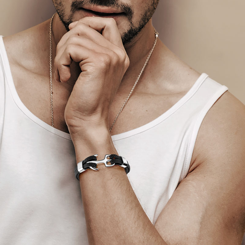 Black Anchor Leather Men's Bracelet with Steel_3