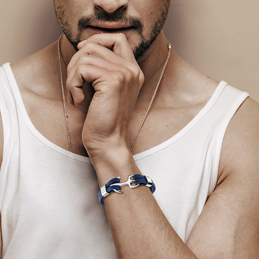 Blue Anchor Leather Men's Bracelet with Steel_2