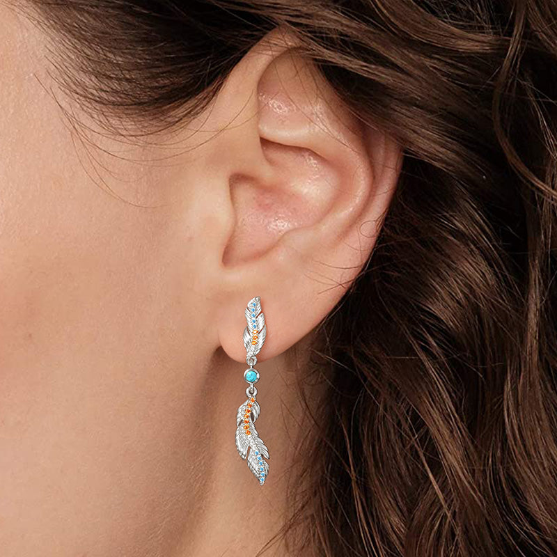 Feather Earrings Sterling Silver inlaid with Turquoise and Stones_3