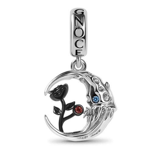Skull Moon with Rose Pendant Dangle Charm Inlaid with Gemstones Sterling Silver_1