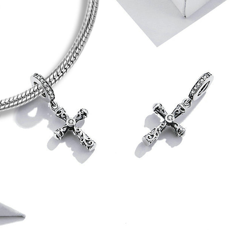 Retro Cross Pendant Dangle Charm Sterling Silver Inlaid with Crystal Gemstones_2