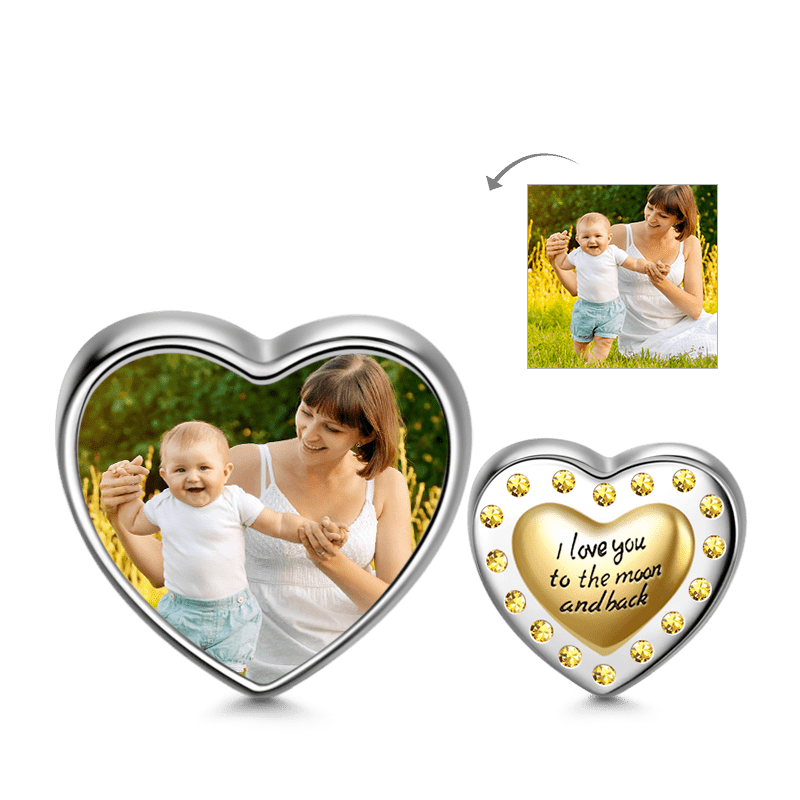Gnoce "Love You Foever" Topaz Golden Heart Personalized Photo Charm Sterling Silver-Engraved with "I Love You to the Moon and Back"_1