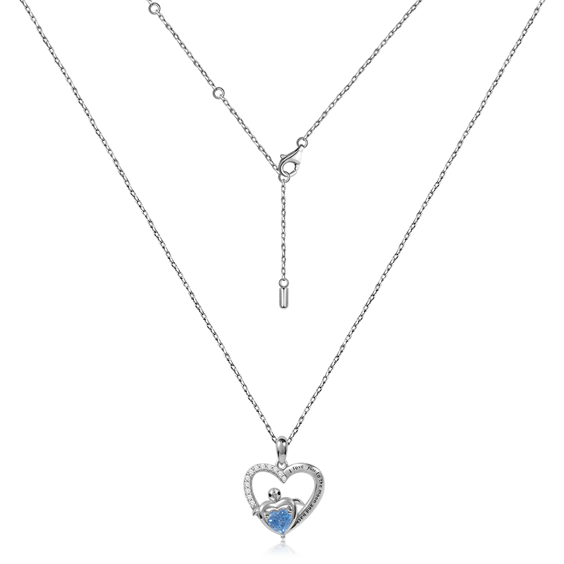 "I Love you to the moon and back" Heart-shaped Turtle Necklace Inlaid with Blue Heart CZ Stone and Crystal Gemstones_2