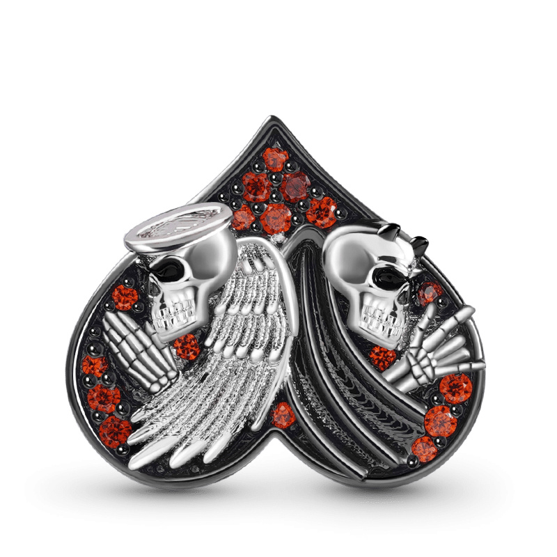 Devil Angel Black Heart Charm Bead Sterling Silver Inlaid with Red Gemstones_1