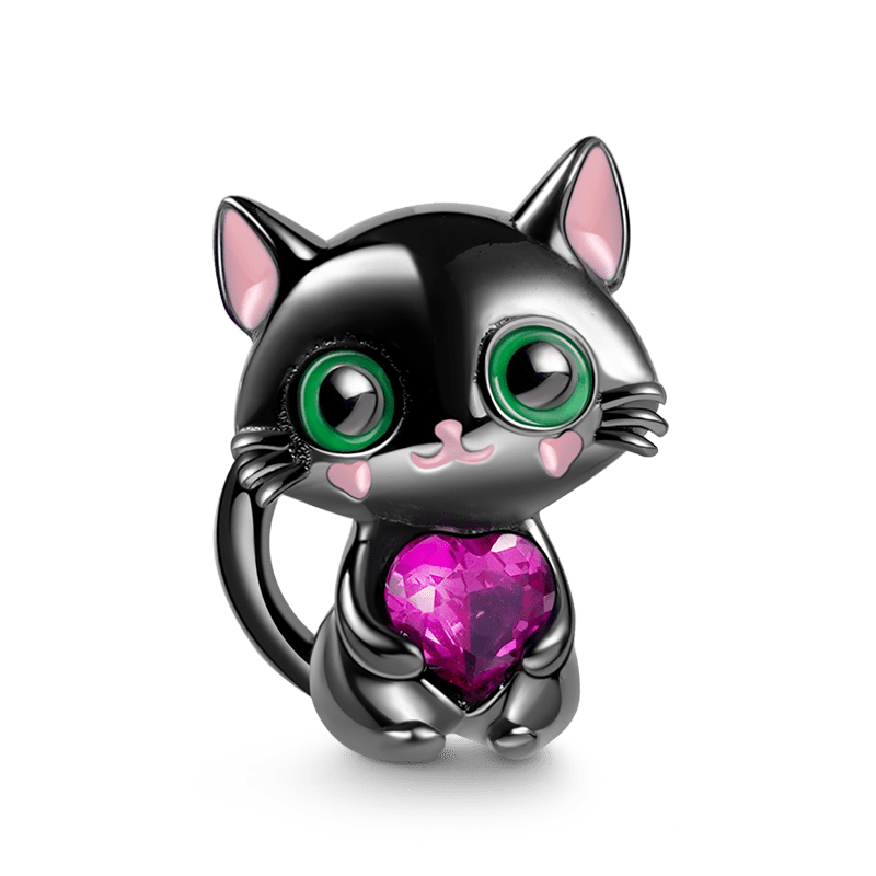 Black Cat Embraces Heart Gemstone Charm Bead Sterling Silver_1