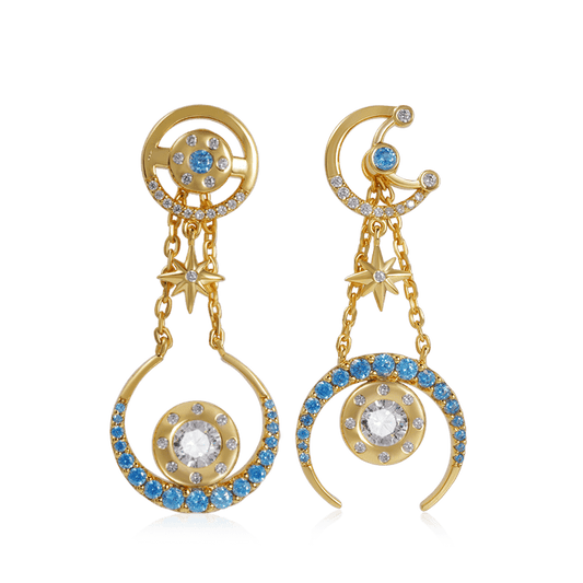Gnoce Star Moon Asymmetrical Dangle Earrings_1
