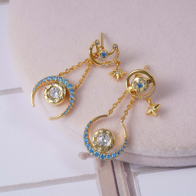 Gnoce Star Moon Asymmetrical Dangle Earrings_2