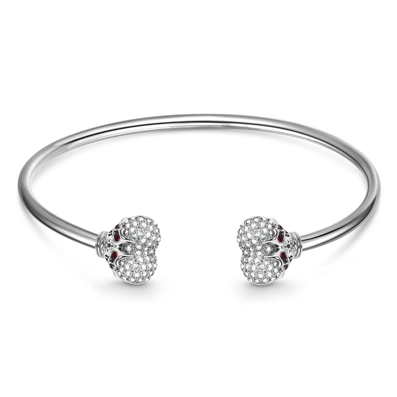 Heart-shaped Skulls Cap End Removable Bangle Bracelet Sterling Silver Inlaid with Gems_1