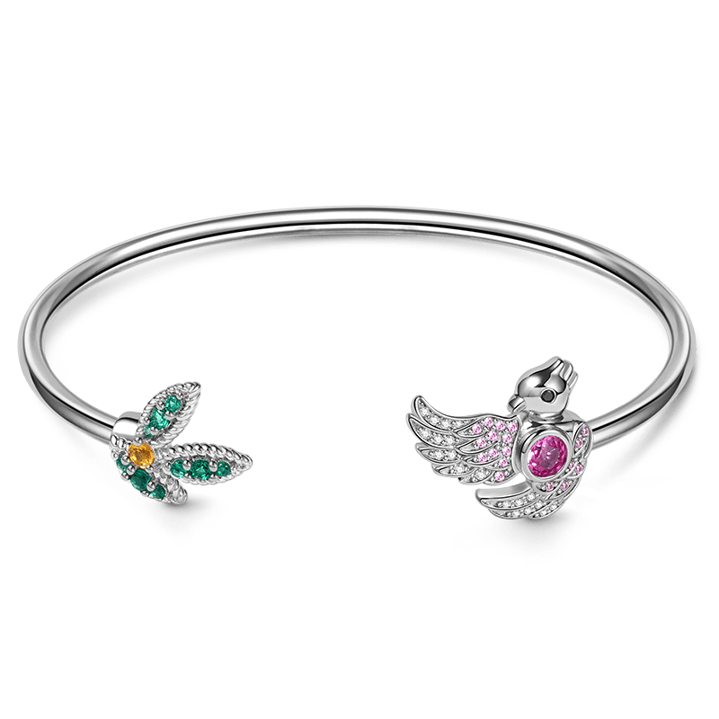 Bird & Leaf Bangle Bracelet Sterling Silver Inlaid with Colorful Gemstones_1