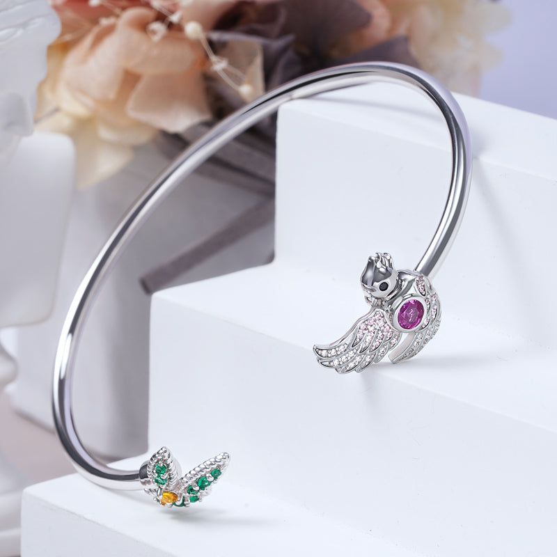 Bird & Leaf Bangle Bracelet Sterling Silver Inlaid with Colorful Gemstones_2