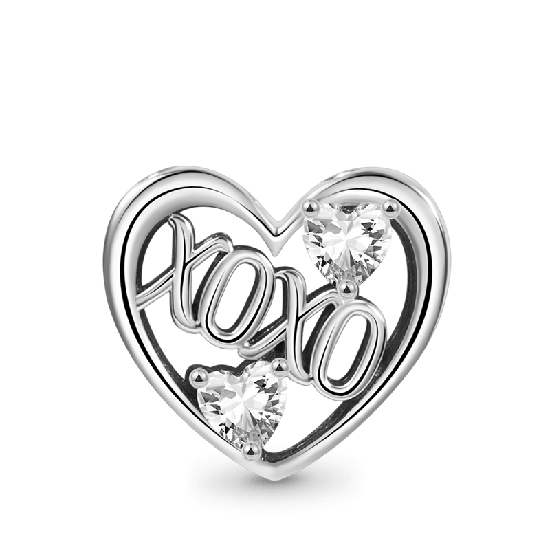"XOXO" Charm Bead 925 Sterling Silver Inlaid with Crystal Heart Gemstones_1