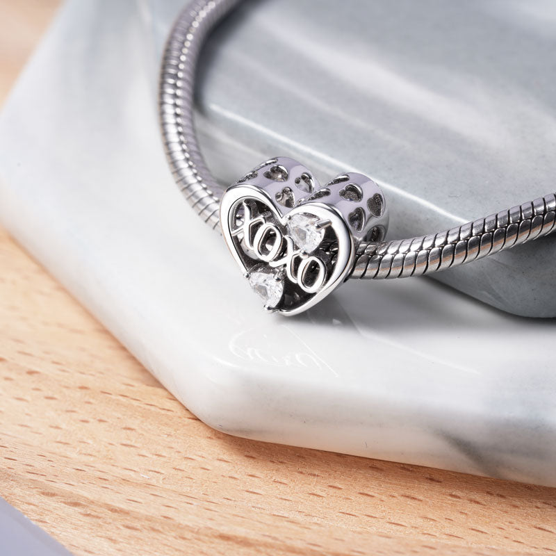 "XOXO" Charm Bead 925 Sterling Silver Inlaid with Crystal Heart Gemstones_2