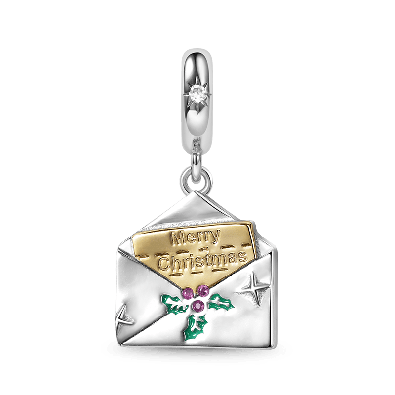 "Merry Christmas" Postcard Pendant Dangle Charm 925 Sterling Silver_1