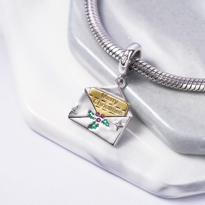 "Merry Christmas" Postcard Pendant Dangle Charm 925 Sterling Silver_2