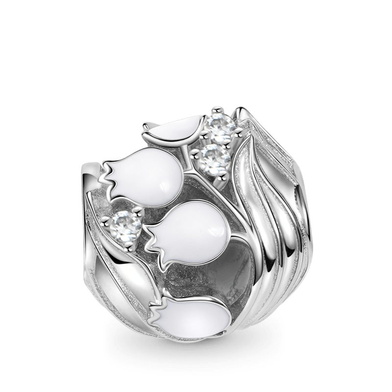 Lily of the Valley Charm Bead 925 Sterling Silver Inlaid with Crystal Gems_1