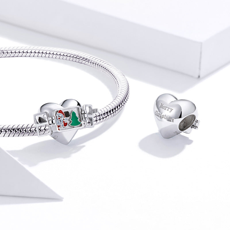 "Santa Claus is coming" Heart-shaped Charm Bead 925 Sterling Silver_3