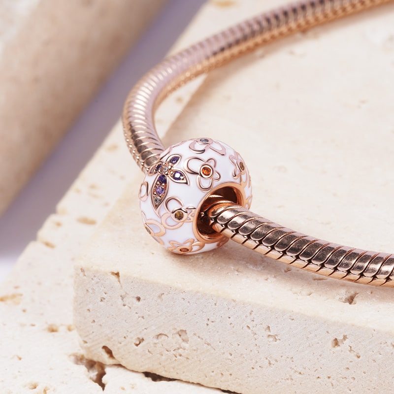 White Flower Pattern Stopper Charm Bead 925 Sterling Silver Rose Gold Plated Inlaid with Colorful Zircon Stones_2