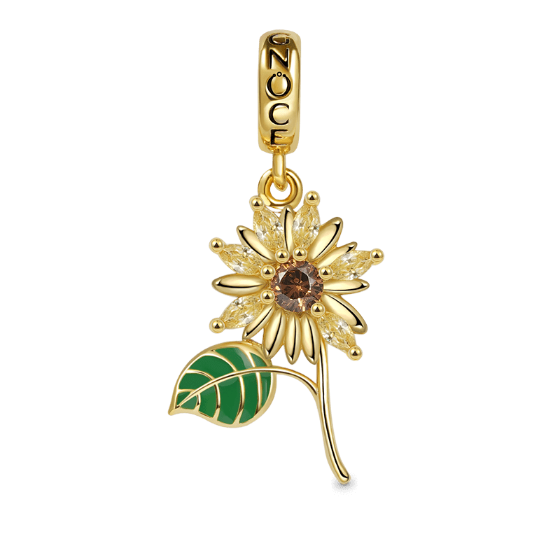 Sunflower Pendant Dangle Charm 925 Sterling Silver 18K Gold Plated Green Enamel Leaf CZ Stone Inlay_1