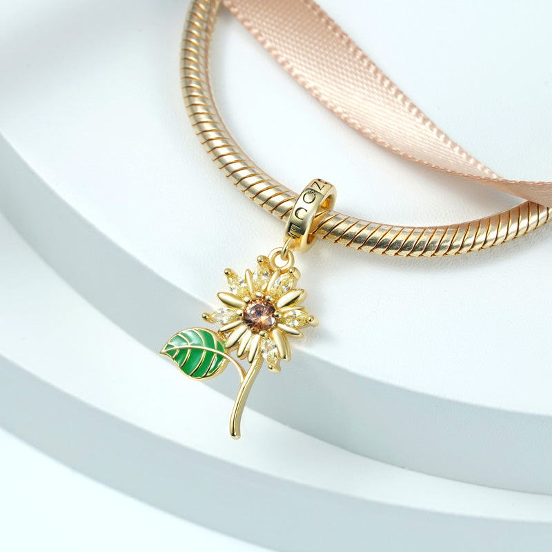 Sunflower Pendant Dangle Charm 925 Sterling Silver 18K Gold Plated Green Enamel Leaf CZ Stone Inlay_2