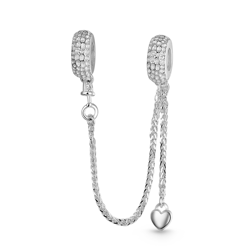 Lunar Surface Texture Safety Chain with Heart Dangle 925 Sterling Silver_1