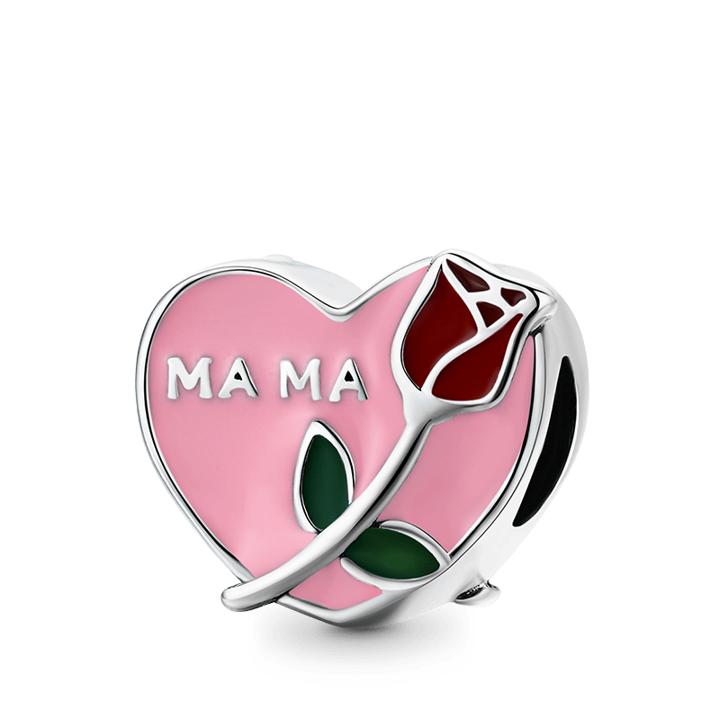 "MA MA" Heart Charm Bead with Rose Pattern 925 Sterling Silver Mother's Day Gift_1