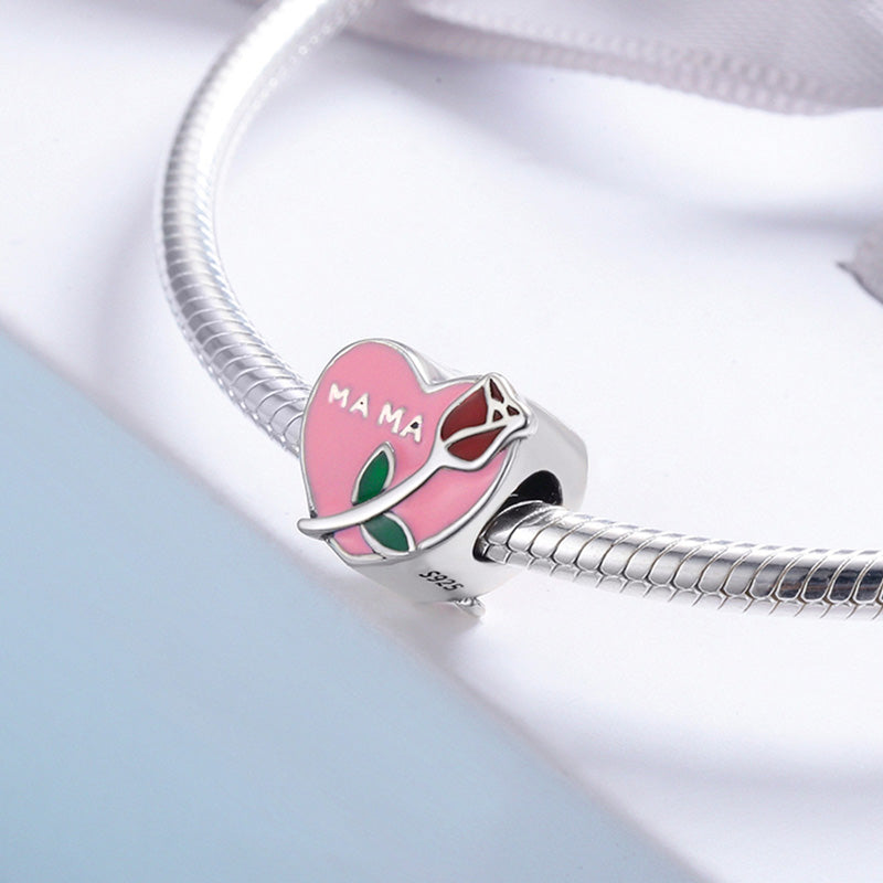 "MA MA" Heart Charm Bead with Rose Pattern 925 Sterling Silver Mother's Day Gift_2