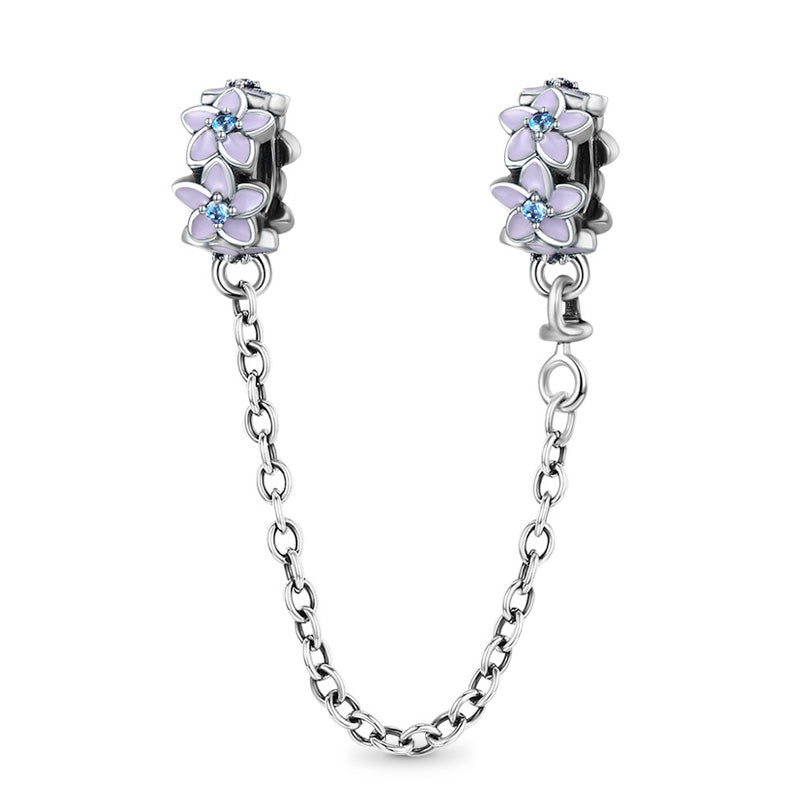 Blooming Flowers Safety Chain 925 Sterling Silver with Purple Enamels and Blue Zircon Stones_1