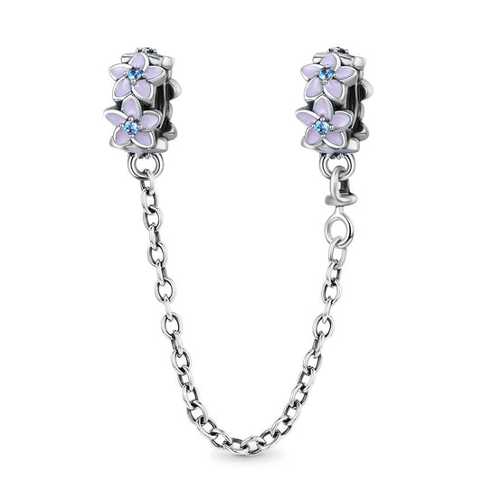Blooming Flowers Safety Chain 925 Sterling Silver with Purple Enamels and Blue Zircon Stones_1