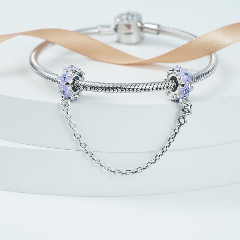 Blooming Flowers Safety Chain 925 Sterling Silver with Purple Enamels and Blue Zircon Stones_2
