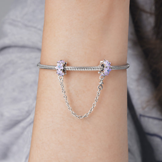 Blooming Flowers Safety Chain 925 Sterling Silver with Purple Enamels and Blue Zircon Stones_3