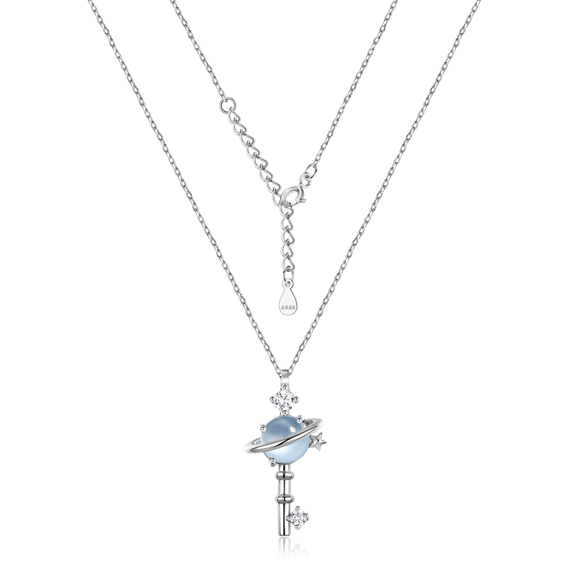 Sky Blue Topaz Planet Key Necklace Sterling Silver Inlaid with Crystal Gemstones_2