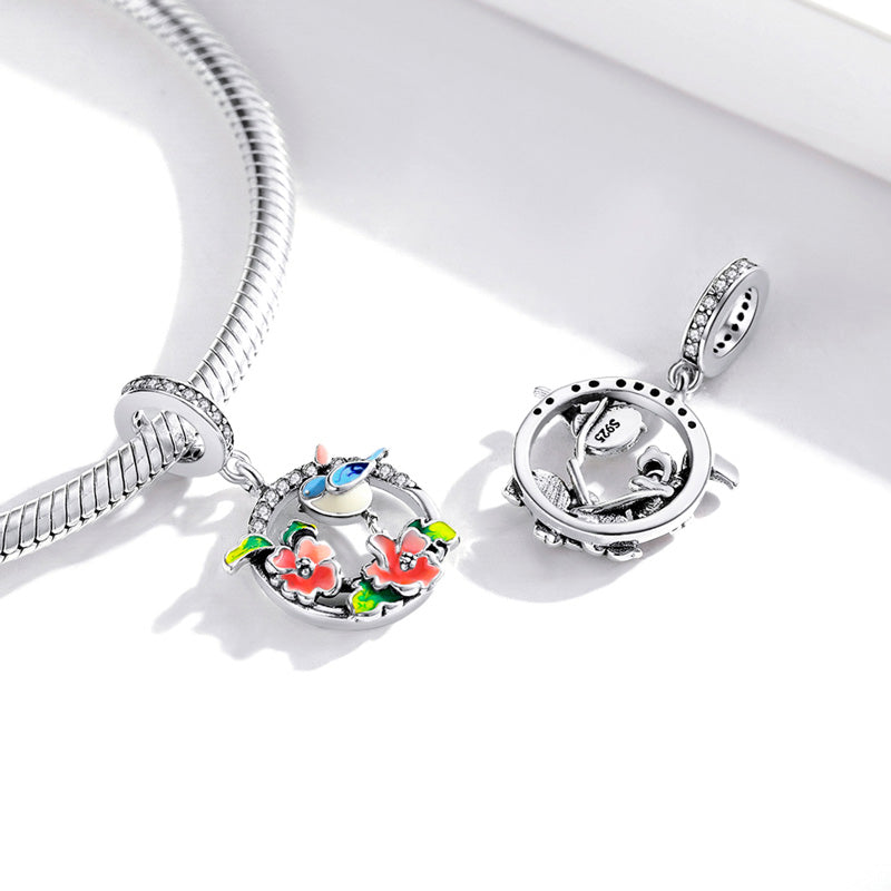 Bird & Flowers Pendant Dangle Charm 925 Sterling Silver Inlaid with Clear Zircon Stones_2
