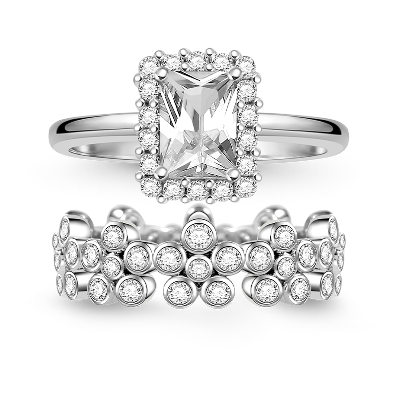 Rectangle Cut & Snowflake Shimmering Ring Set 925 Sterling Silver_1