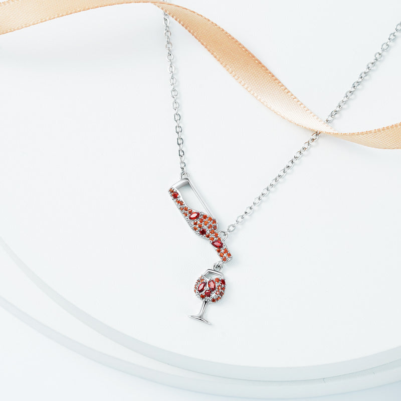 Wine Bottle Pouring Glass Cup Necklace Copper Inlaid with Orange Gemstones_3