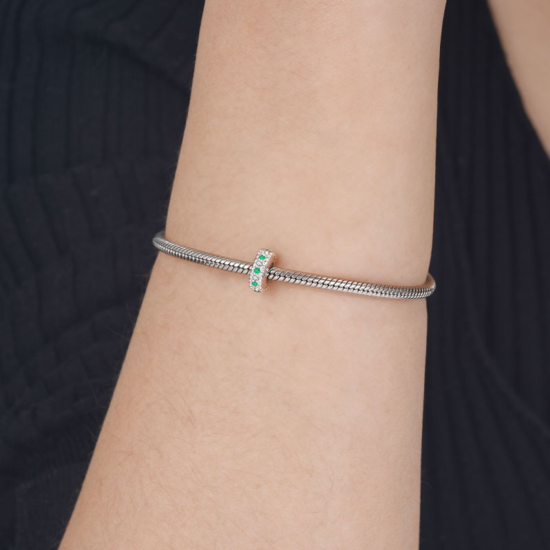 Elegant Retro Stopper for Charm Bracelets 925 Sterling Silver Inlaid with Clear & Green CZ Stones_3