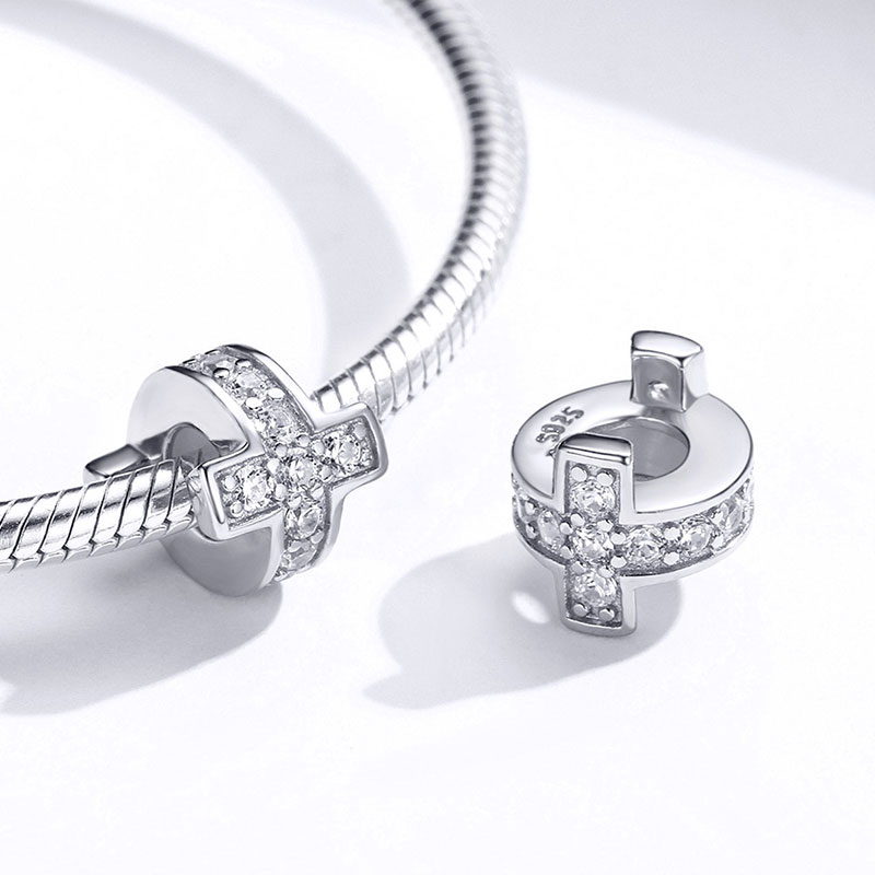 Sparkling Cross Stopper for Charm Bracelets 925 Sterling Silver Inlaid with Clear Gemstones_2