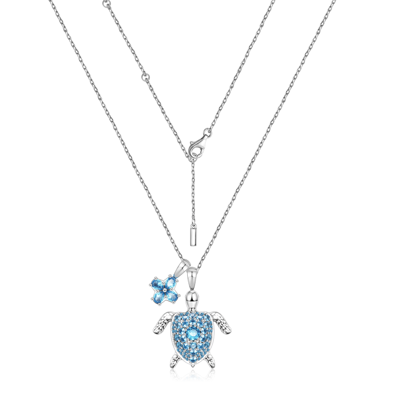 Cherry Blossom & Sea Turtle Necklace Copper Inlaid with Blue Gemstones_2
