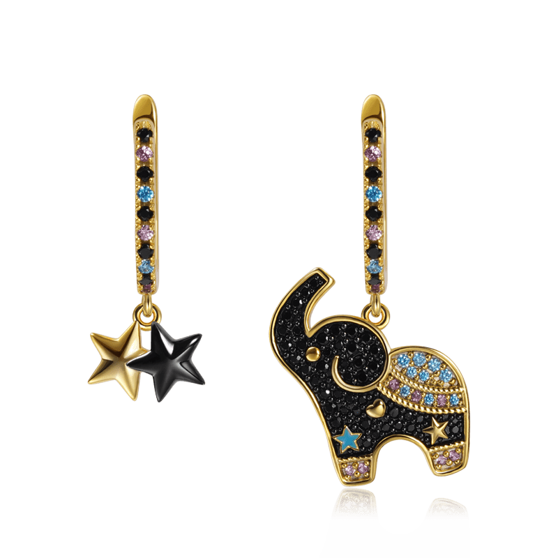 Elephant Dangle Earrings 925 Sterling Silver 18K Gold Plated Inlaid with Colorful Gemstones_1