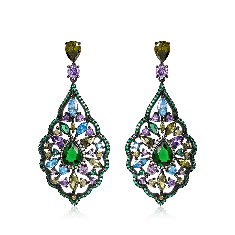 Vintage Water Drop Shape Dangle Earrings Copper Inlaid with Colorful Gemstones_1