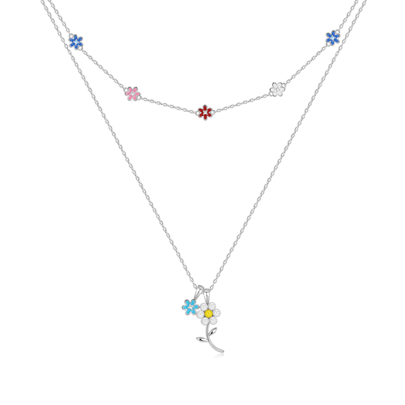Daisy Beaded Stackable Necklace 925 Sterling Silver with Colorful Enamels_1