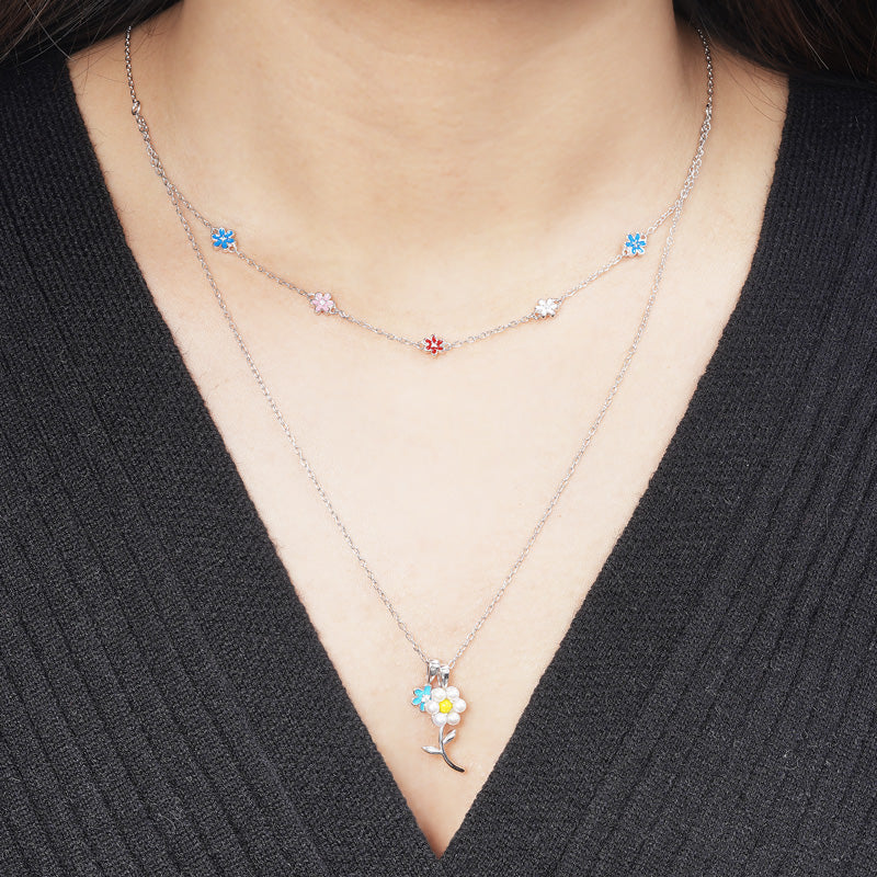 Daisy Beaded Stackable Necklace 925 Sterling Silver with Colorful Enamels_4